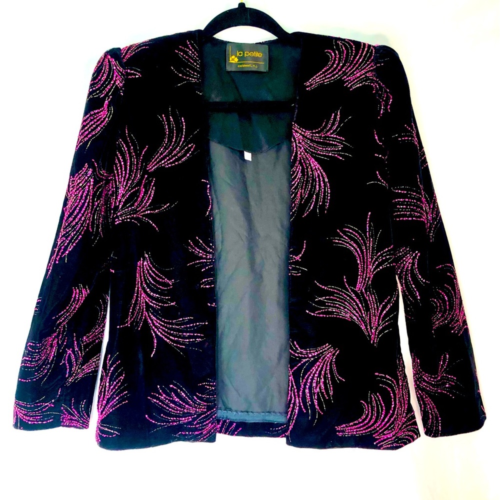 Vintage ILGWU Black Velvet And Pink Jeweled Dinner Jacket, Size 4